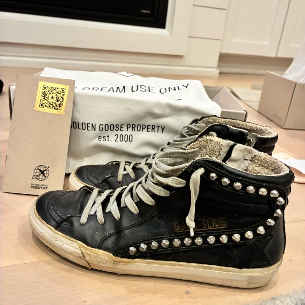 Golden Goose Slide Black and Silver High-Tops with studs